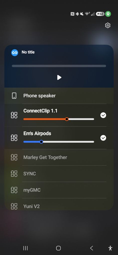 A smartphone interface displaying audio output options, including 'Phone speaker', 'ConnectClip 1.1', and 'Em's Airpods', with a volume slider and play button.